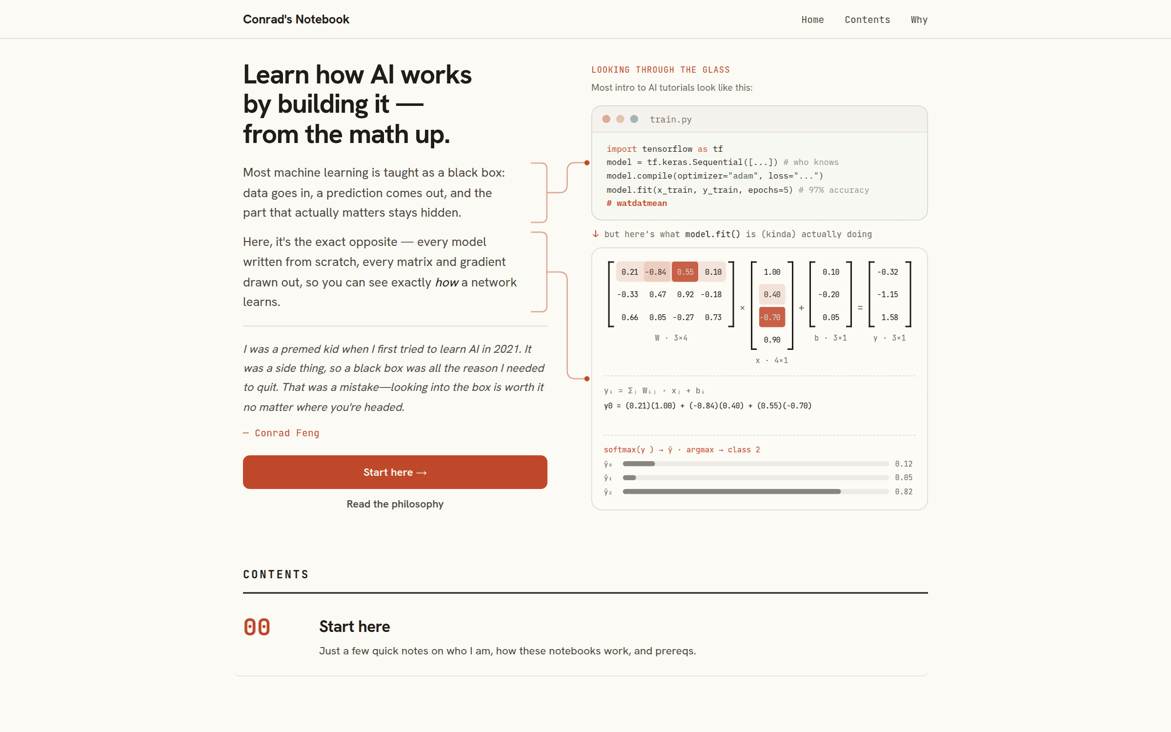 Conrad’s Notebook landing page: “Learn how AI works by building it from the math up” beside a worked matrix-multiplication figure
