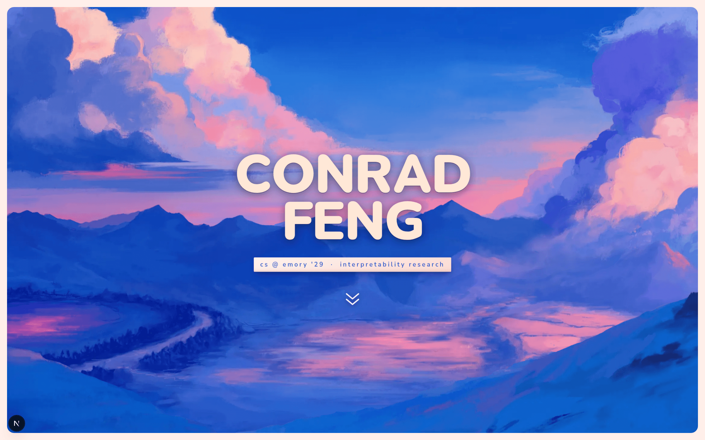 The portfolio landing: the name Conrad Feng in cream lettering over a painted twilight valley of cobalt sky and pink clouds